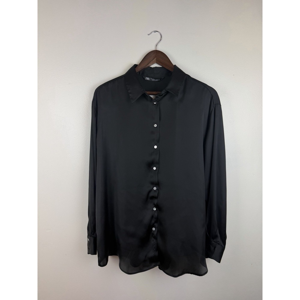 Zara Women Button Up Shirt XL Black Slim Fit NWT Sophisticated Classic Chic